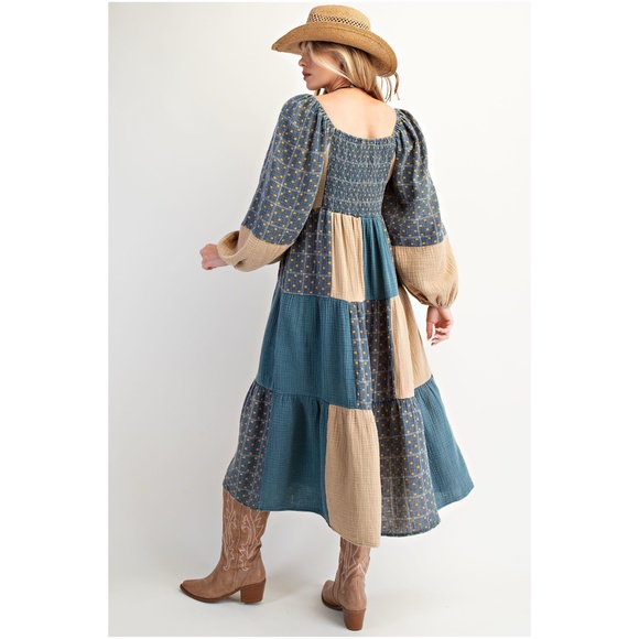 Easel Cotton Square Neck Color Block Patchwork Long Sleeve Dress - Picture 3 of 3
